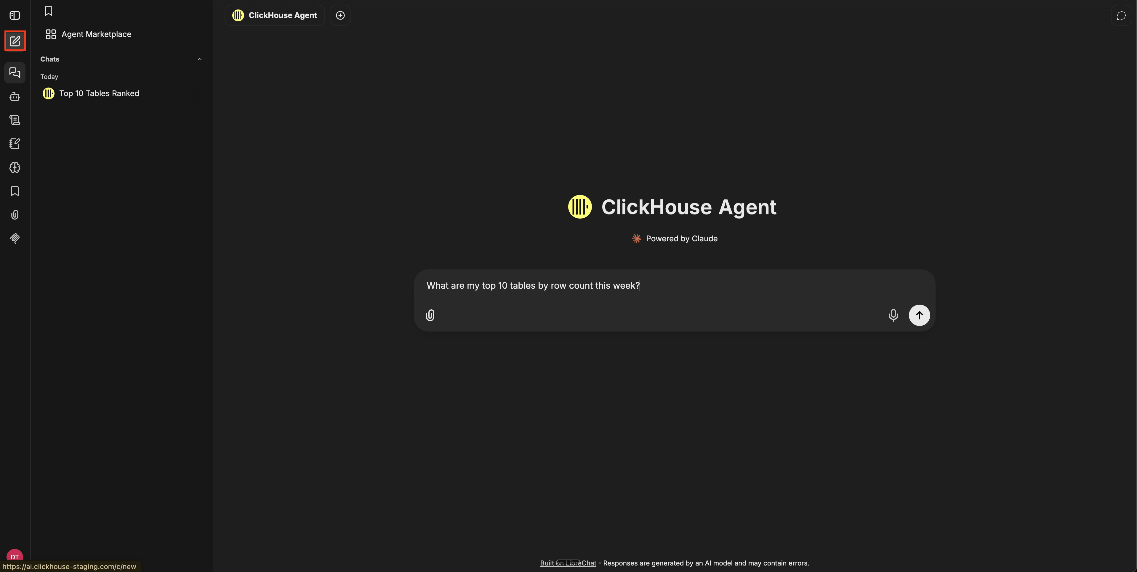 Chat surface with the compose icon highlighted in the left navigation, the sidebar showing the Chats history with a saved Top 10 Tables Ranked conversation, and the composer with a sample question typed