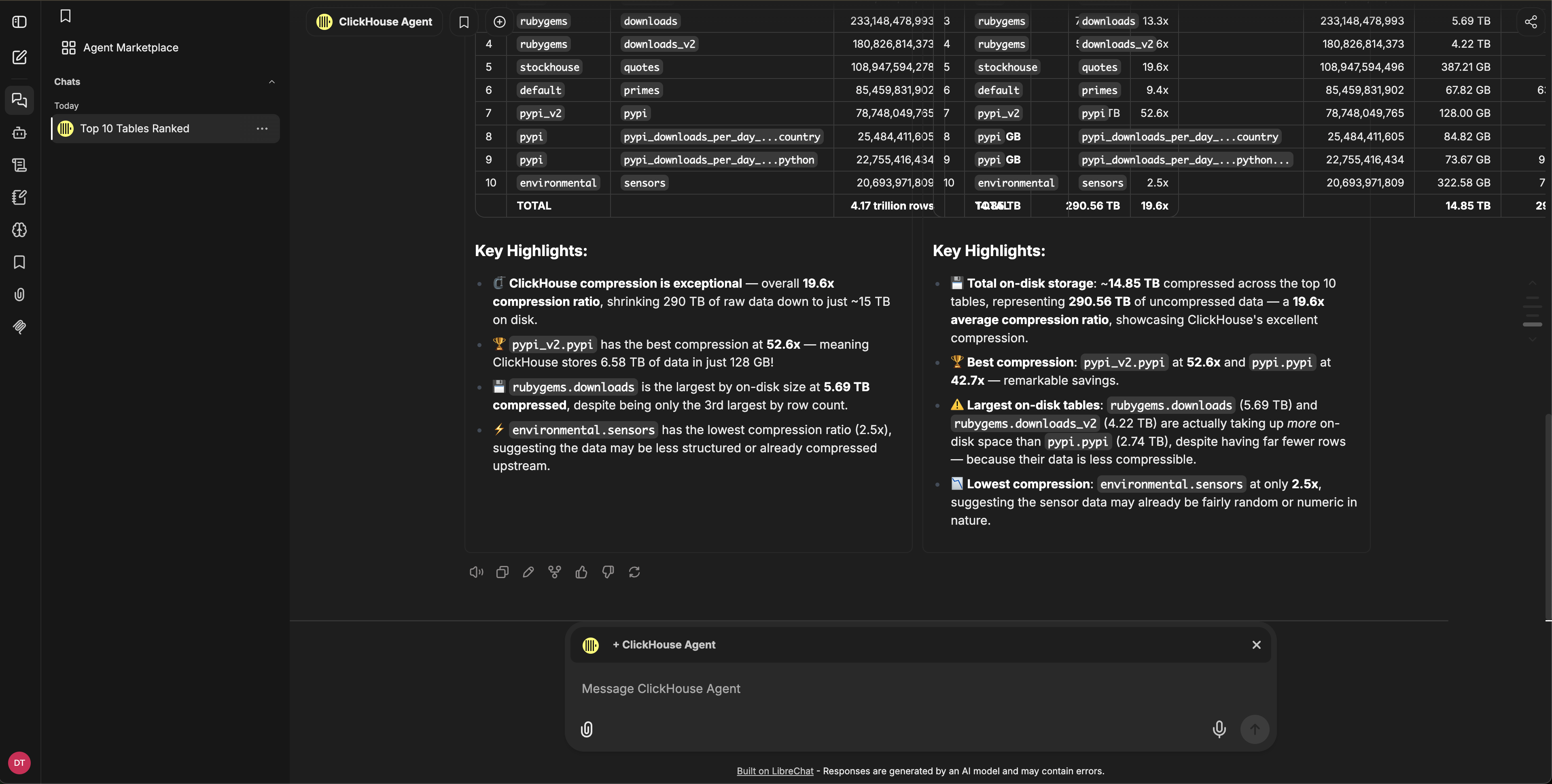 Multi-conversation view with two ClickHouse Agent conversations running side by side, both executing the same run_select_query tool calls
