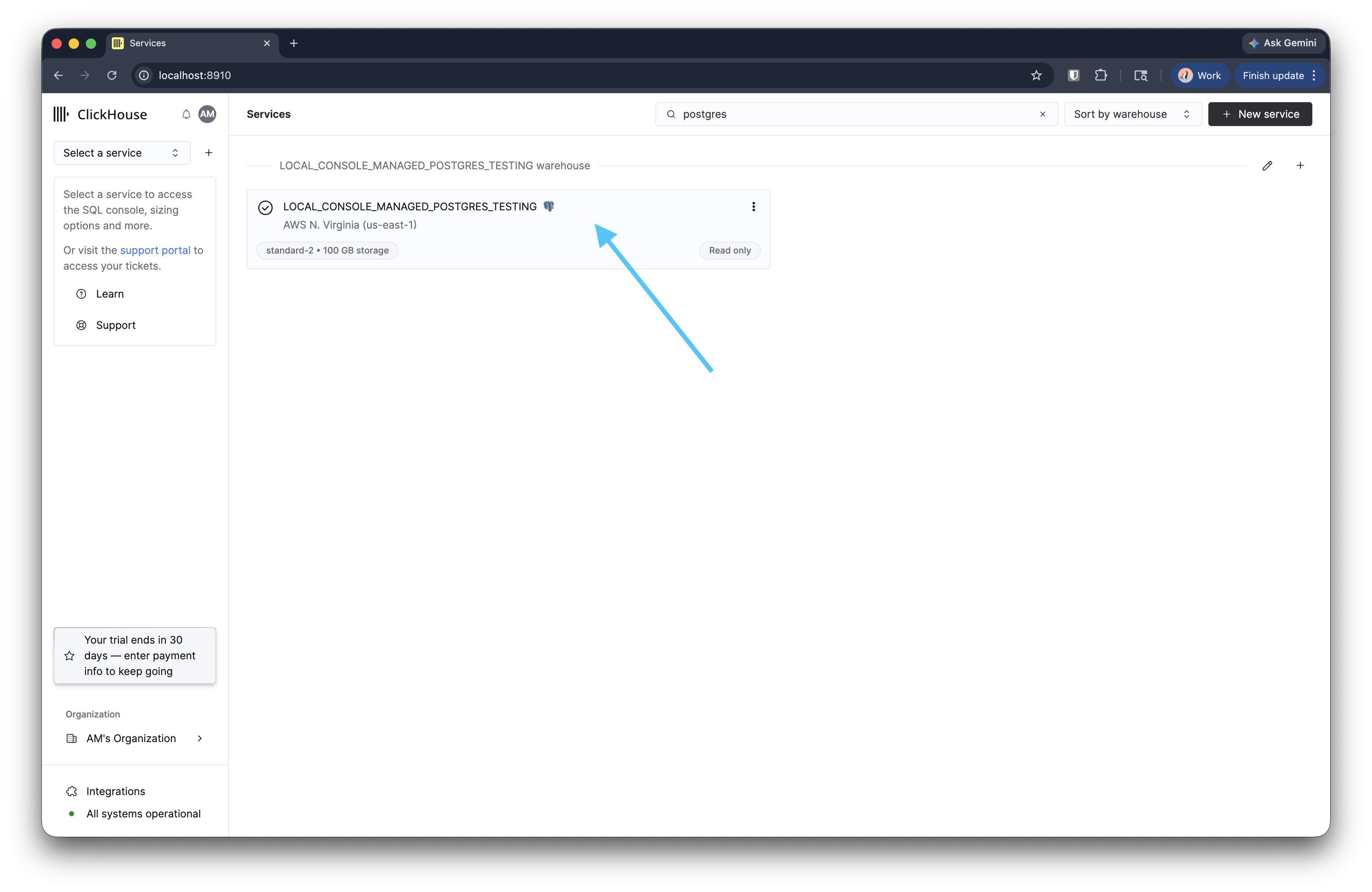 Managed Postgres service card in the ClickHouse Cloud services list