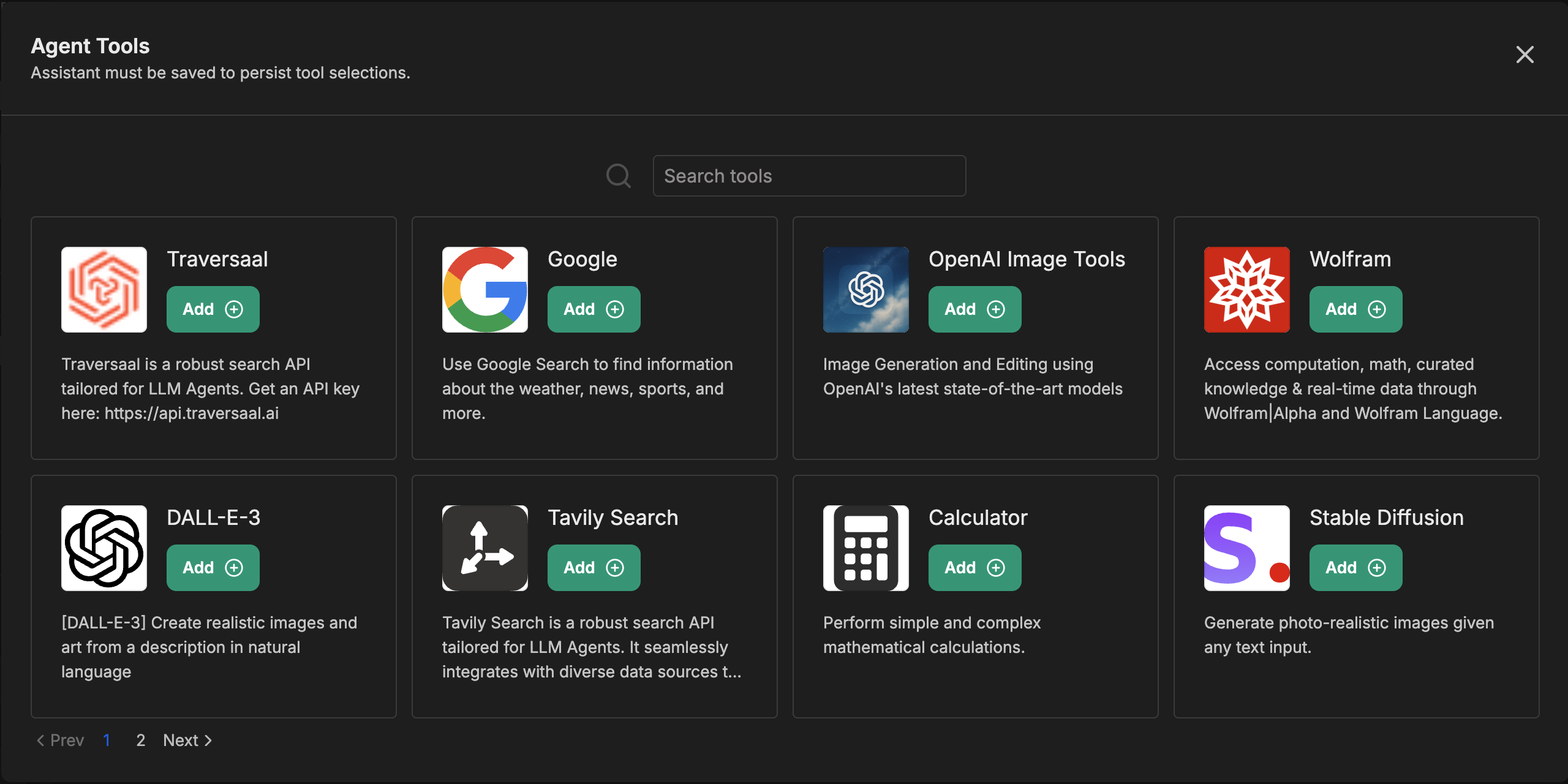 Agent Tools modal showing a grid of third-party integrations including Google, OpenAI Image Tools, Wolfram, DALL-E-3, Tavily Search, Calculator, and Stable Diffusion